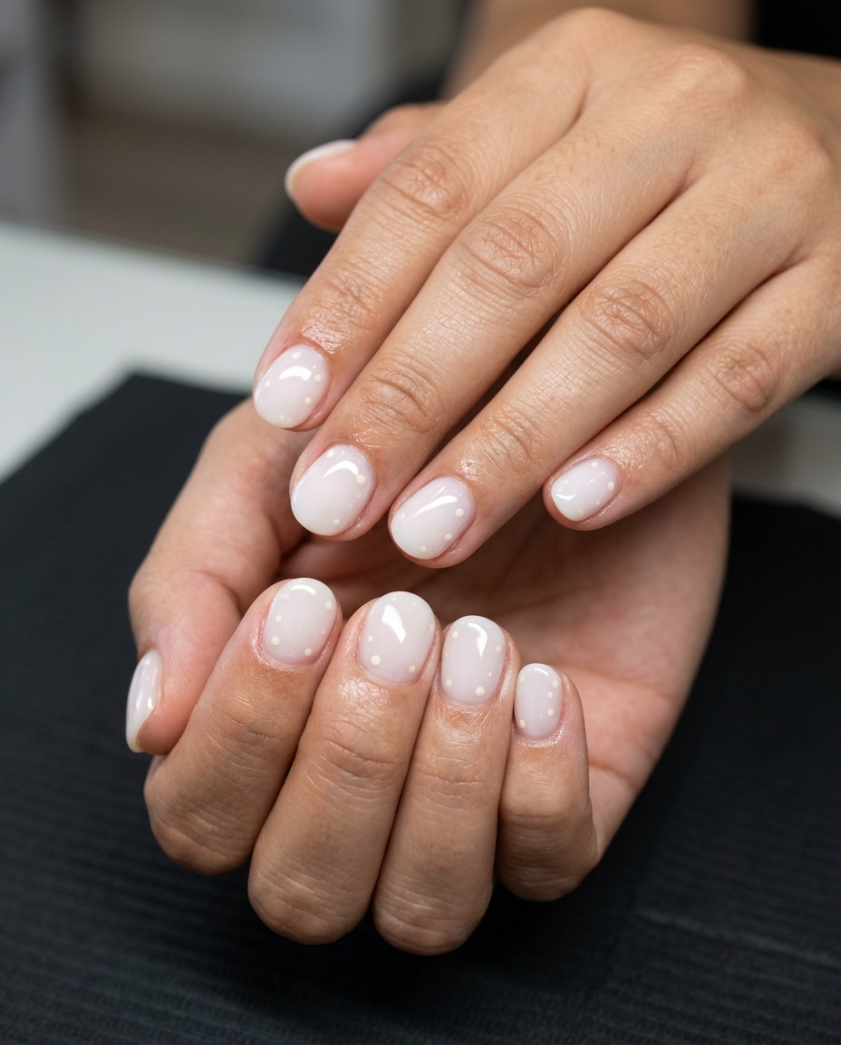 Trending Summer Nails 2026: Elegant Milk Bath Trending summer nails 2026: Delicate milk bath dots round nails for an elegant wedding guest or bridal shower look.