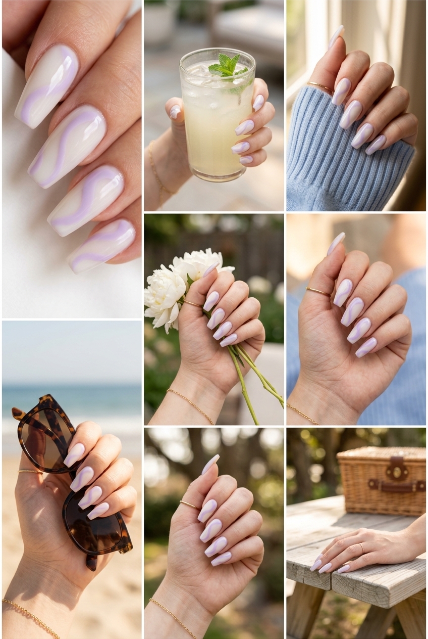 Modern Milky Swirls Nails 2026 | Elegant Event Style Modern milky swirls coffin nails for trending summer nails 2026, perfect for weddings and sophisticated events.