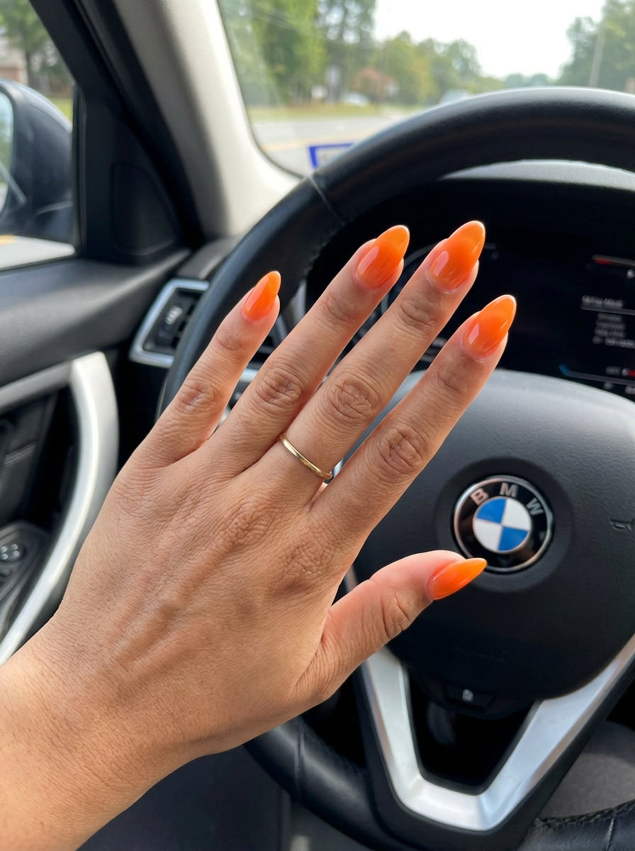 Peach Fuzz Aura Nails 2026: Romantic Summer Glow Peach Fuzz Aura Gradient Almond nails with rose gold shimmer for trending summer nails 2026.