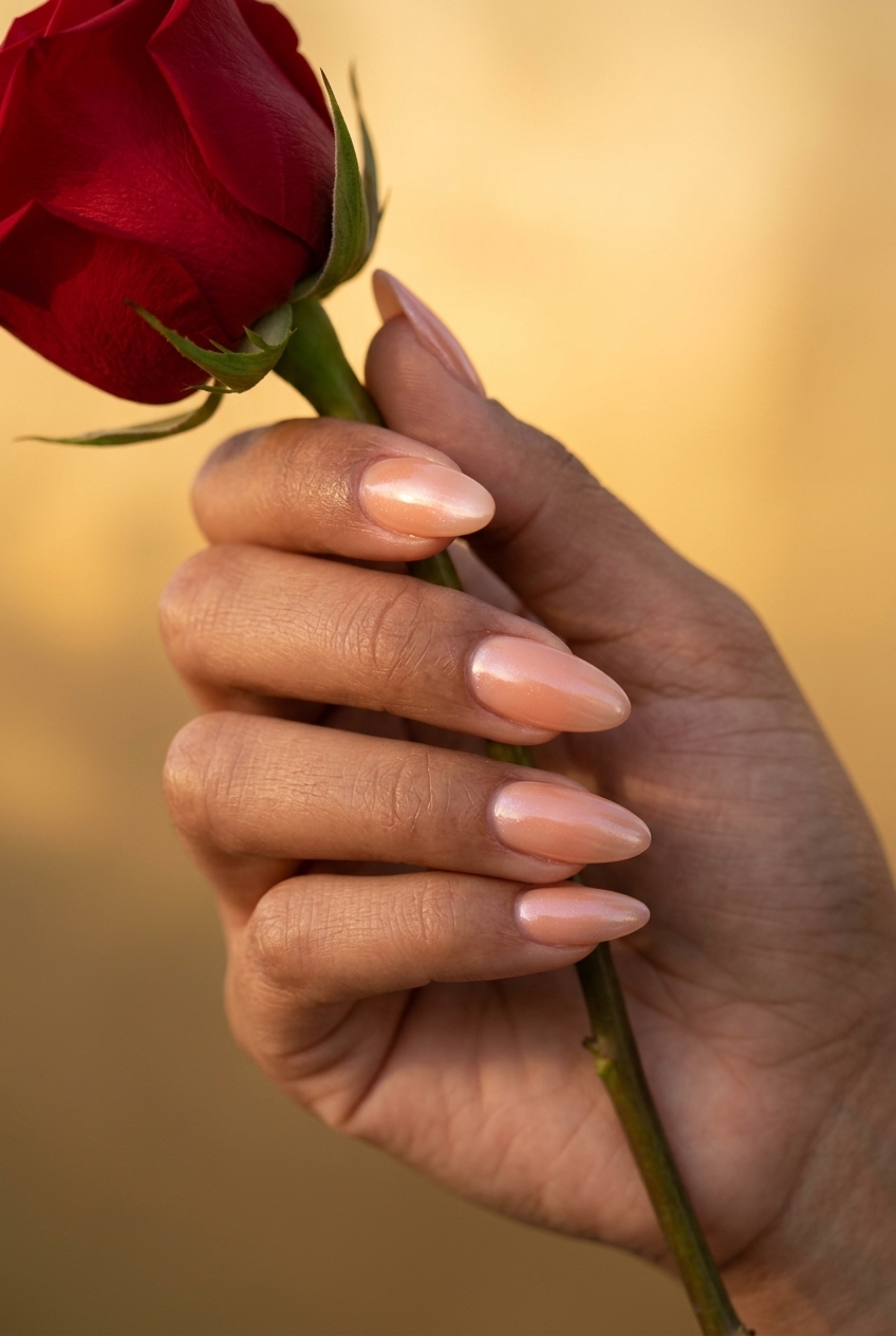 Trending Summer Nails 2026: Romantic Peach Shimmer Trending summer nails 2026: Dewy peach shimmer almond nails for a romantic date night or wedding guest look.