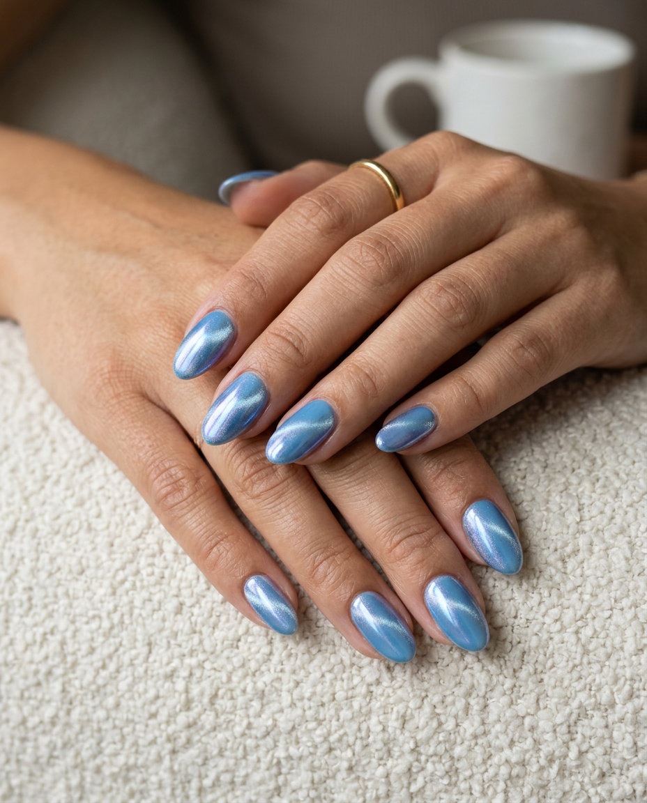 Sky Blue Chrome Cat-Eye Nails 2026 | Vacation Style Sky blue chrome cat-eye oval nails for trending summer nails 2026, perfect for vacation and festivals.