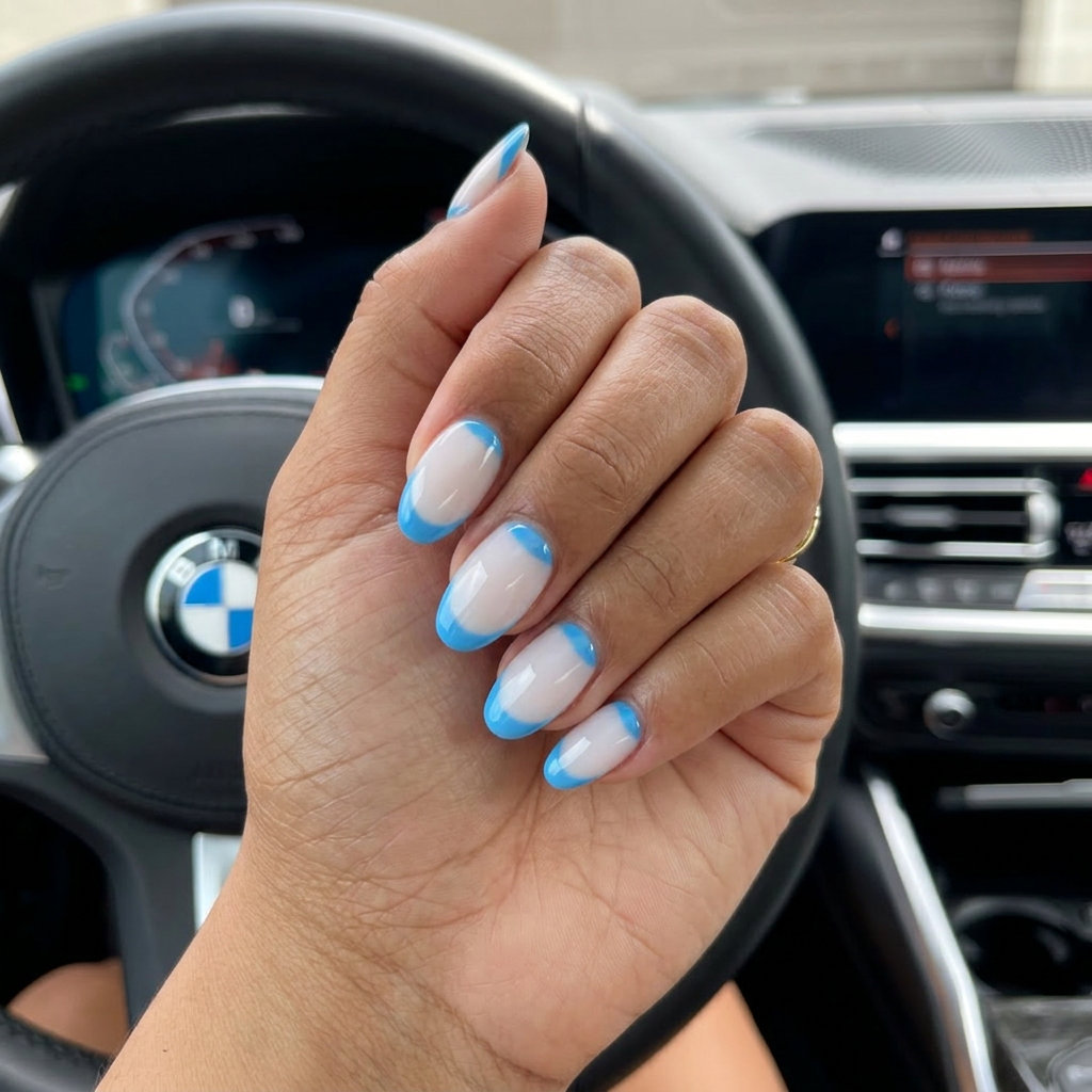 Trending Summer Nails 2026: Sophisticated Sky Blue Trending summer nails 2026: Sky blue reverse French oval nails for a sophisticated daily or work look.