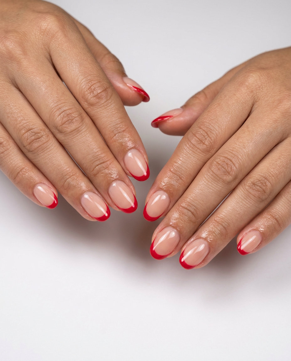 Juicy cherry red micro French nails for vacation, with a sheer nude base. Vacation French nails summer 2026.