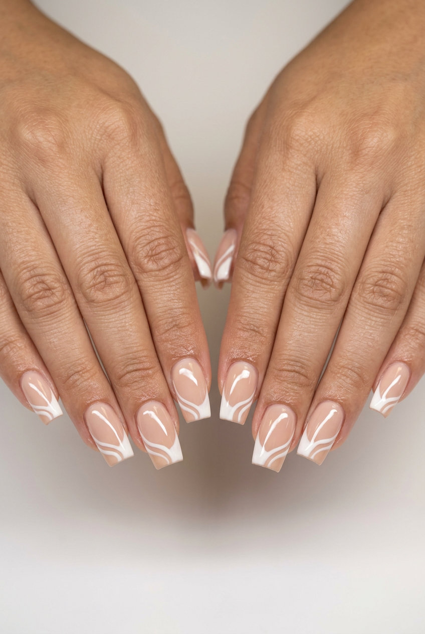 Chic swirl vacation French nails, with creamy nude and white art. Vacation French nails summer 2026.