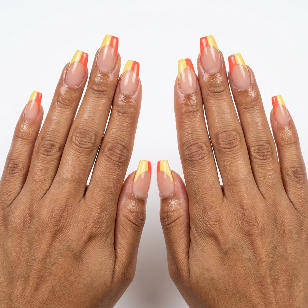 Citrus pop color block French nails for vacation, with yellow and coral. Vacation French nails summer 2026.
