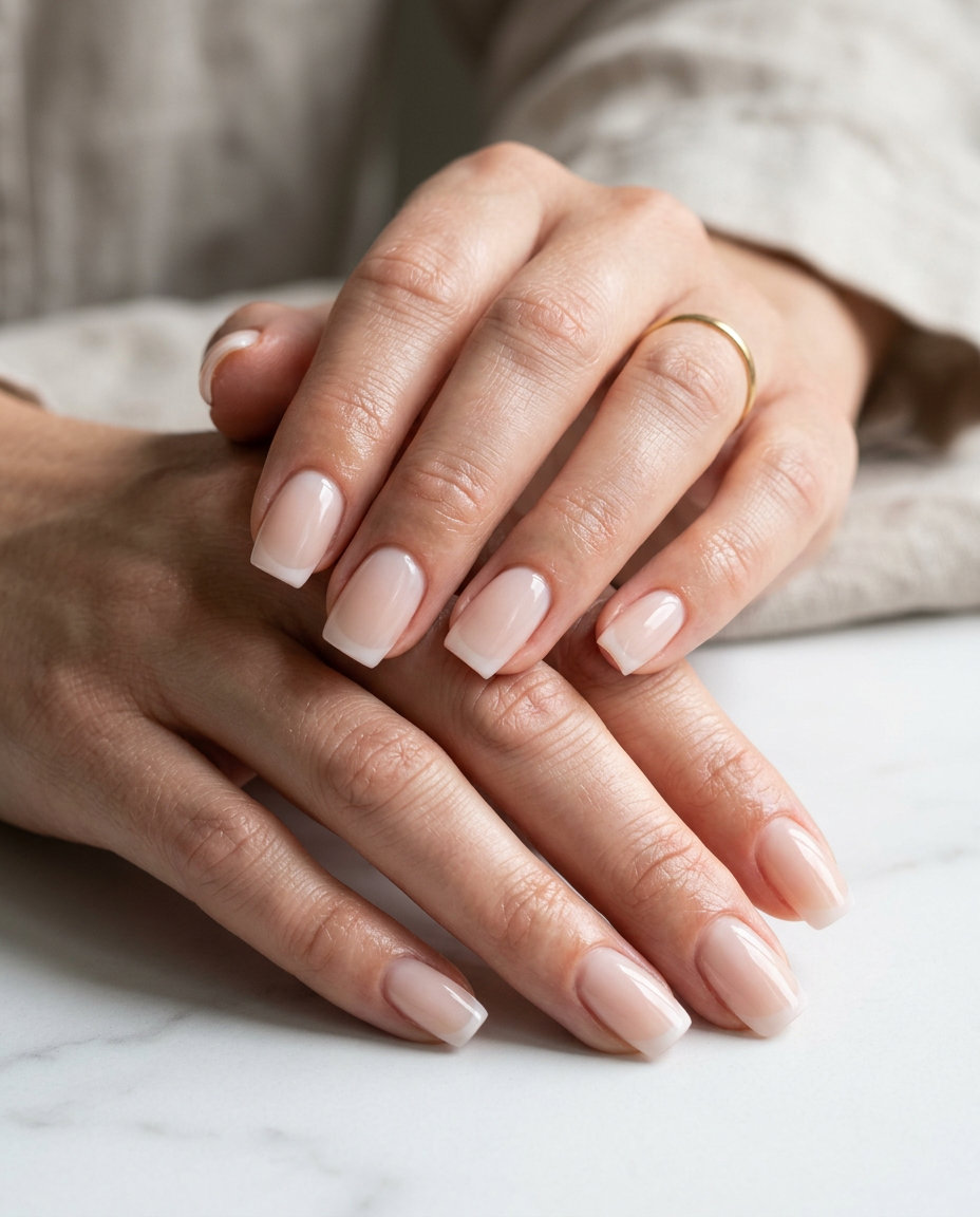 Vacation French nails summer 2026: Classic milky nude base with subtle sheer white micro French tips for daily chic.