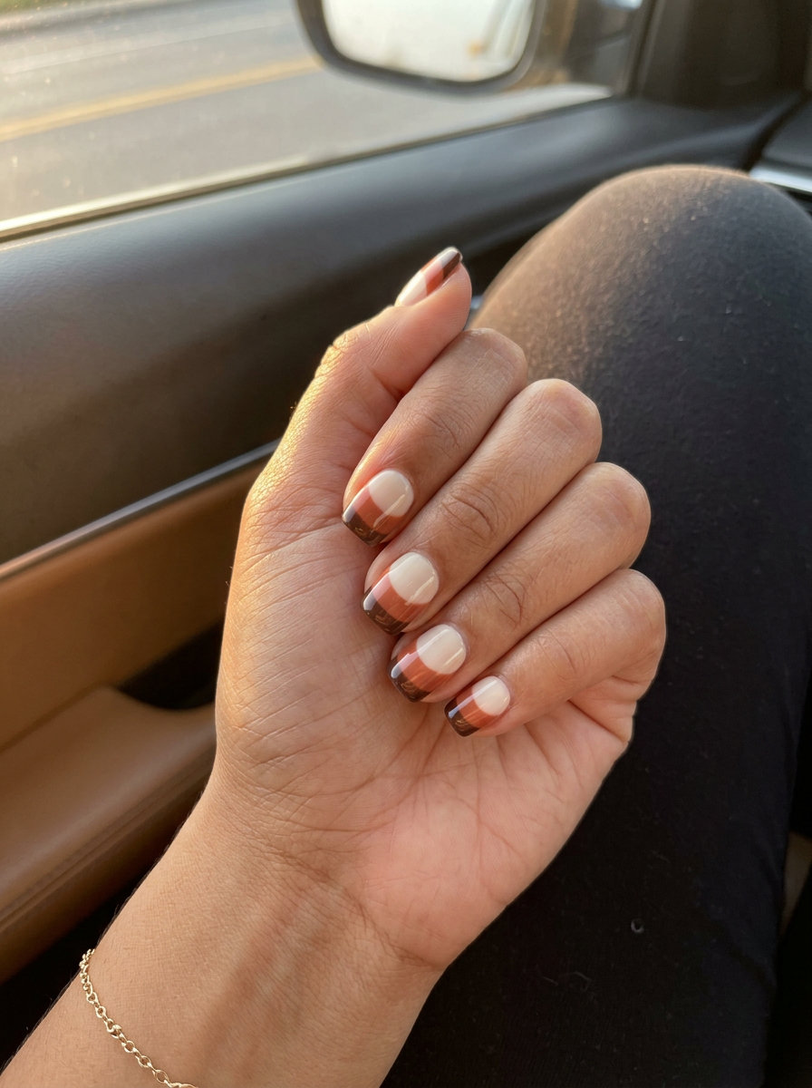 Earthy color block French nails for vacation, featuring terracotta, cream, and chocolate brown. Vacation French nails summer 2026.