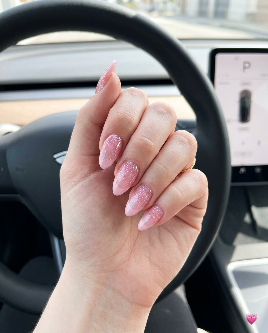 Fairy floss glitter gradient French tip nails for vacation french nails summer 2026. Sweet pink glitter and sheer pink tips.