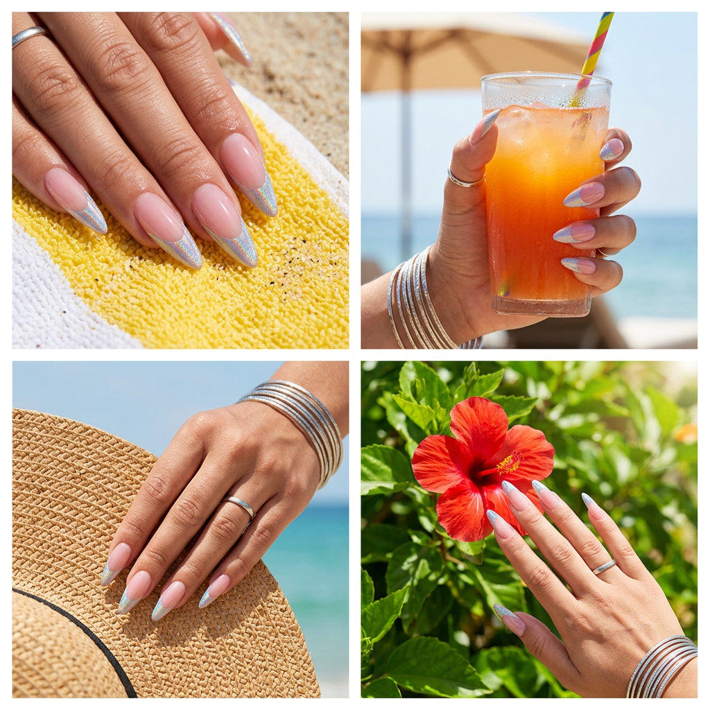 Holographic rainbow French tip nails for vacation french nails summer 2026. Playful coffin nails with full spectrum color shift.