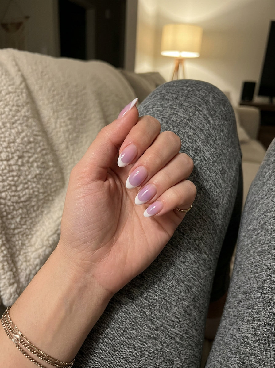 Lavender jelly ombre French tip nails for vacation french nails summer 2026. Dreamy pink and lavender gradient with white tips.