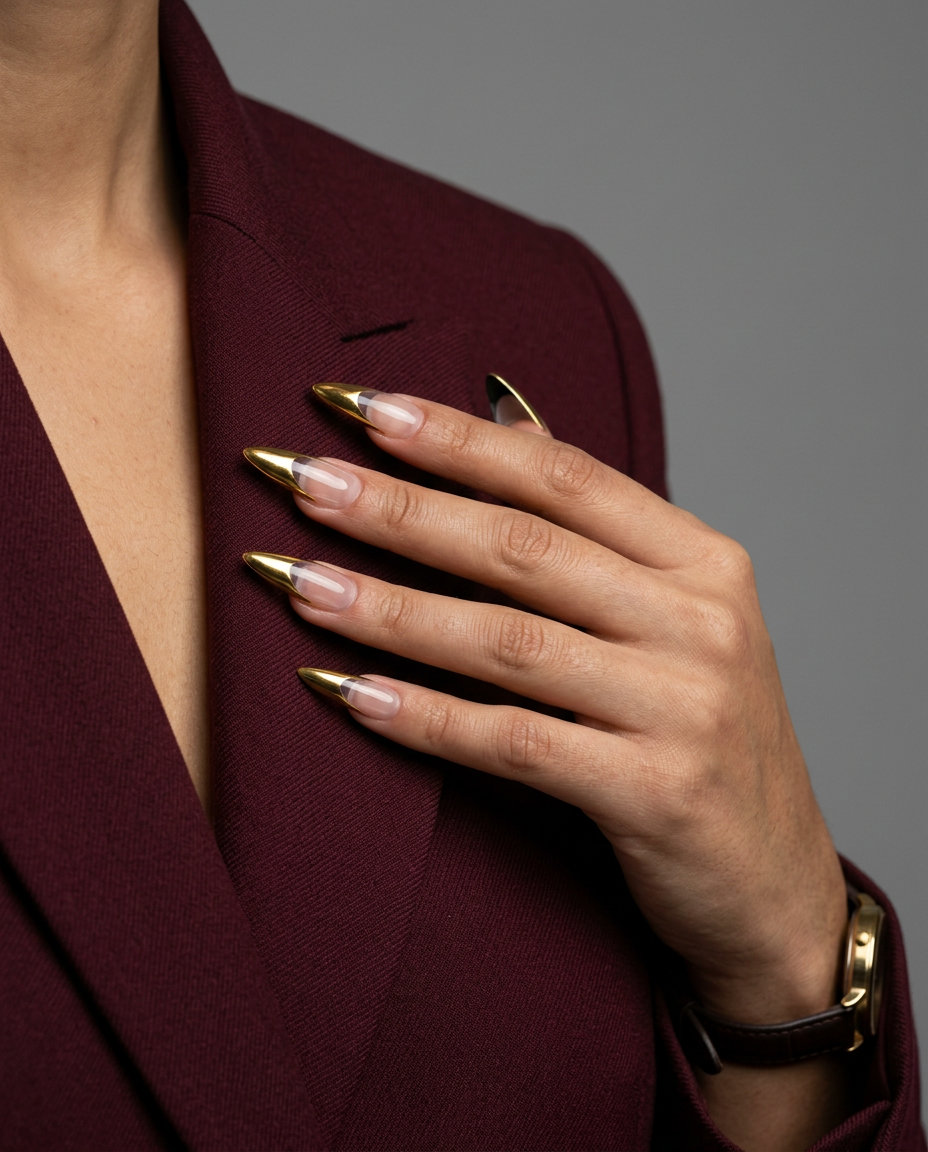 Vacation French nails summer 2026: Futuristic liquid gold chrome French tips on a clear base for a glamorous night out.