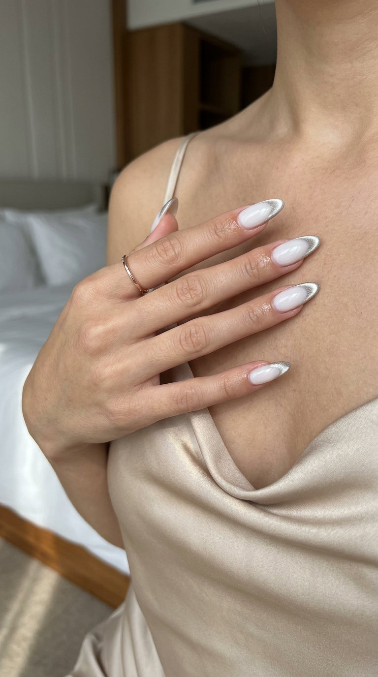 Lunar glow cat-eye French tip nails for vacation french nails summer 2026. Glamorous milky white with silver cat-eye tips.
