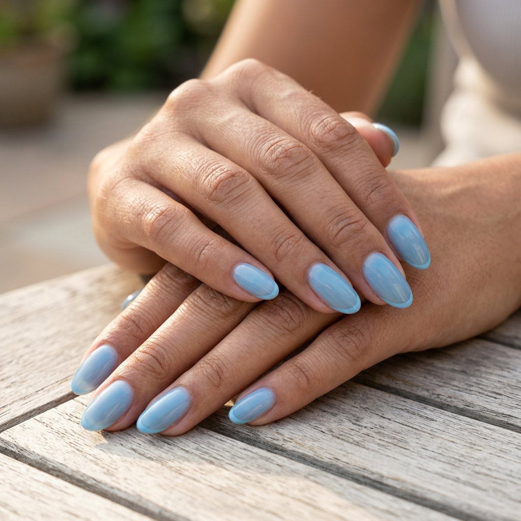 Mermaid aura sky blue French nails for vacation, with a diffused blend. Vacation French nails summer 2026.