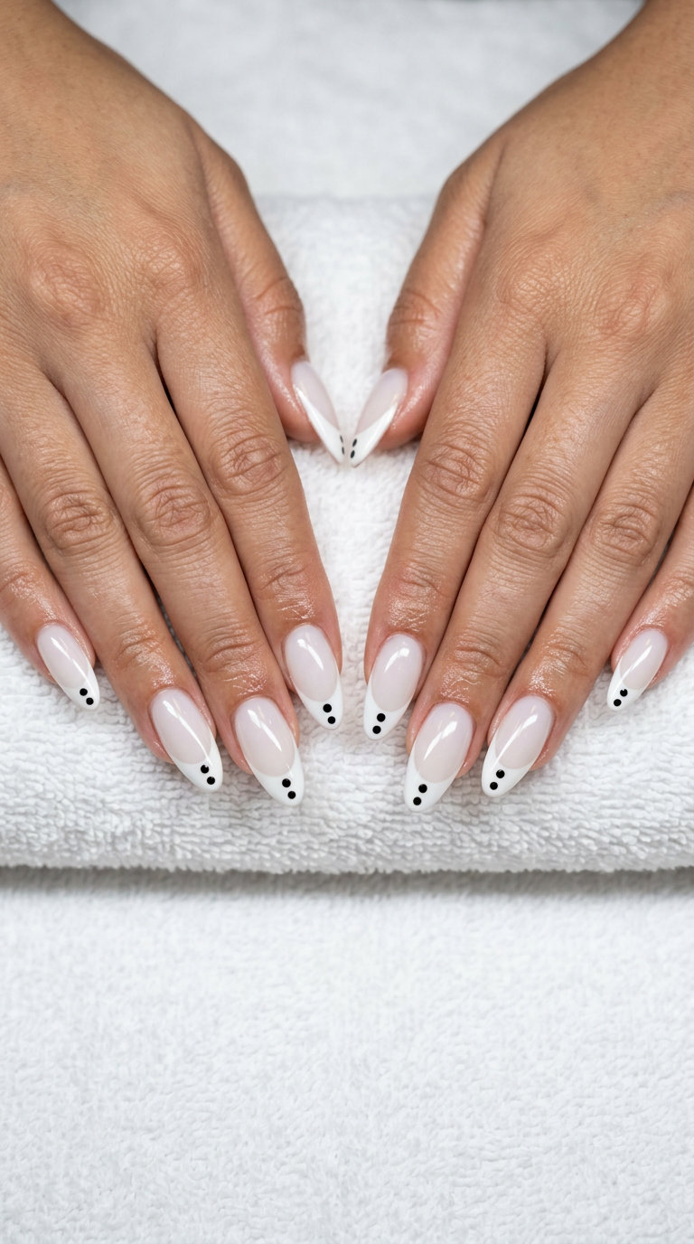 Vacation French nails summer 2026: Milky white French tips with dainty black dots for a chic casual look.