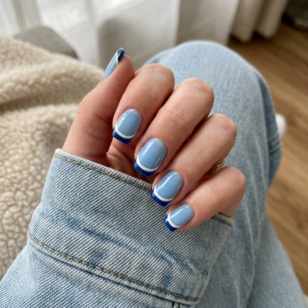 Nautical stripe French tip nails for vacation french nails summer 2026. Preppy sky blue jelly with navy and white stripes.