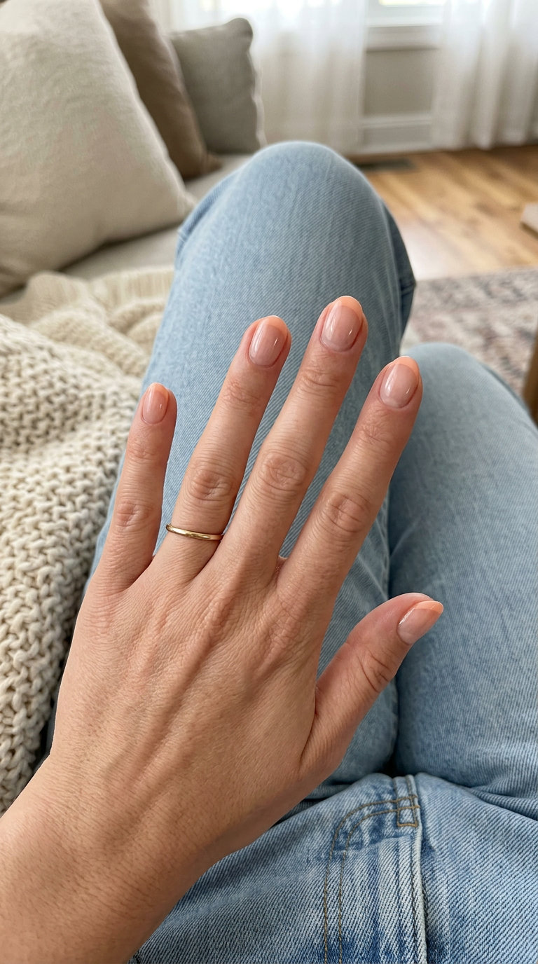 Peach clear vacation French nails, with a soft peach tip. Vacation French nails summer 2026.