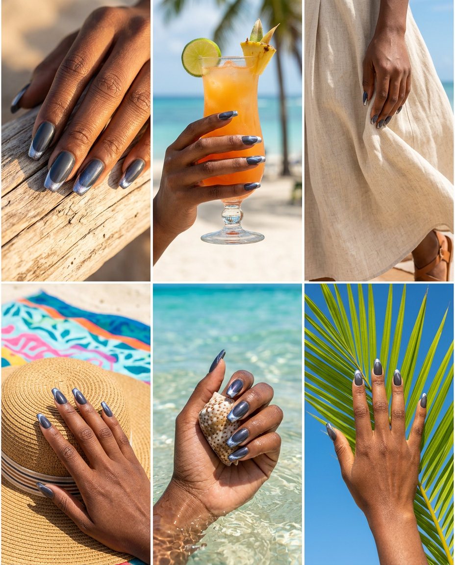 Silver chrome cat-eye French tip nails for vacation french nails summer 2026. Edgy dark base with shifting silver chrome tips.