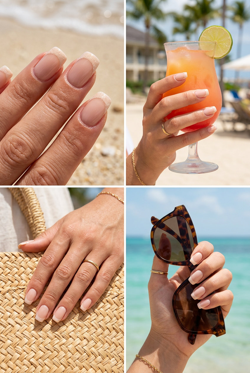 Textured nude French nails for vacation, with a matte finish. Vacation French nails summer 2026.