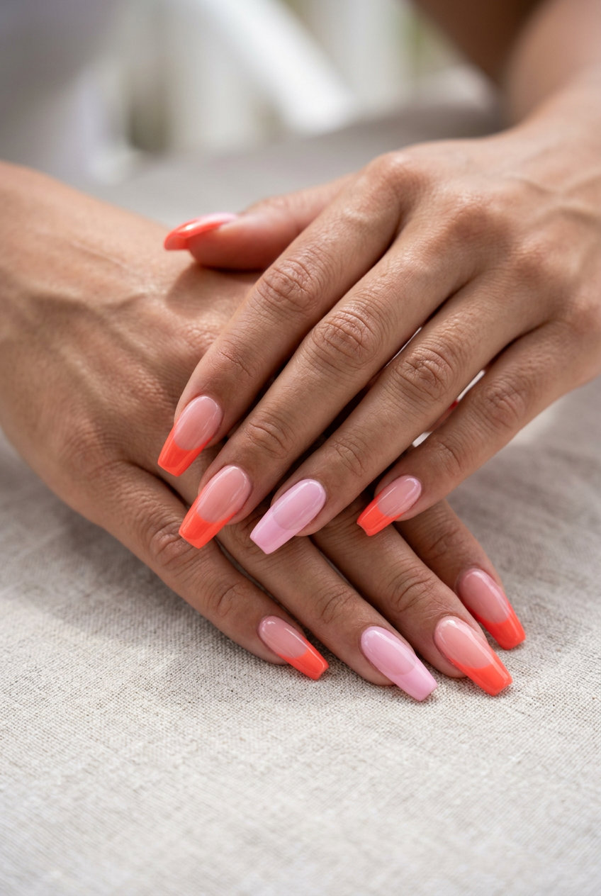 Tropical duo French nails for vacation, with coral and pink tips. Vacation French nails summer 2026.