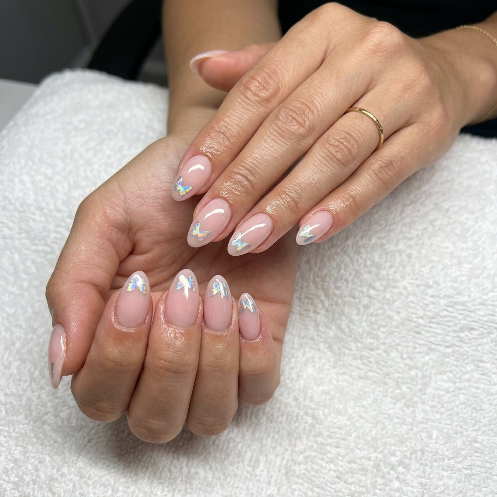 Y2K Butterfly Dream French nails: sheer pink with holographic butterflies for vacation nails summer 2026.