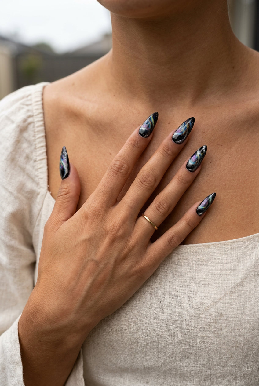 Cosmic Swirl Stiletto nails: deep black with holographic swirls for vacation nails summer 2026.