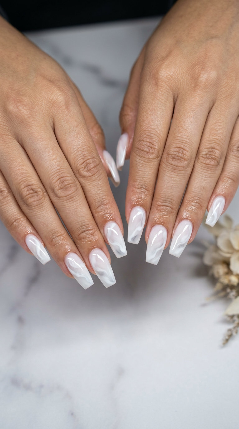 Dreamy Milky Swirls vacation nails summer 2026: romantic milky white abstract art for resort wear.