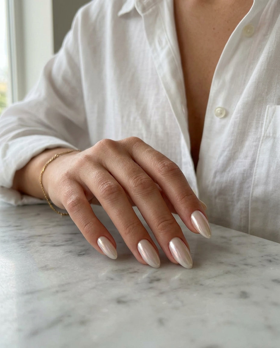 Glazed Almond Dream nails: sheer milky white with pearlescent sheen for vacation nails summer 2026.