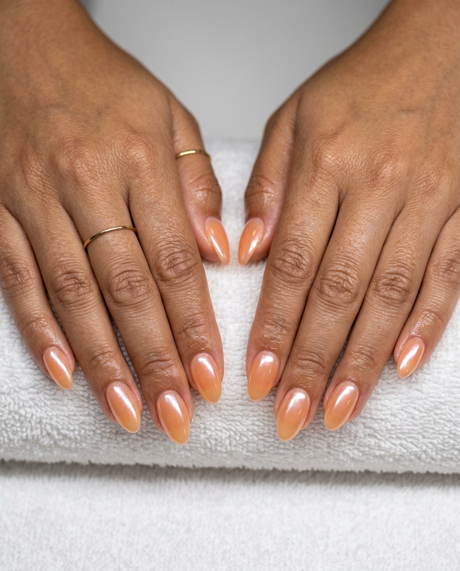 Juicy Apricot Glaze vacation nails summer 2026: playful apricot jelly with iridescent pearl chrome for beach trips.