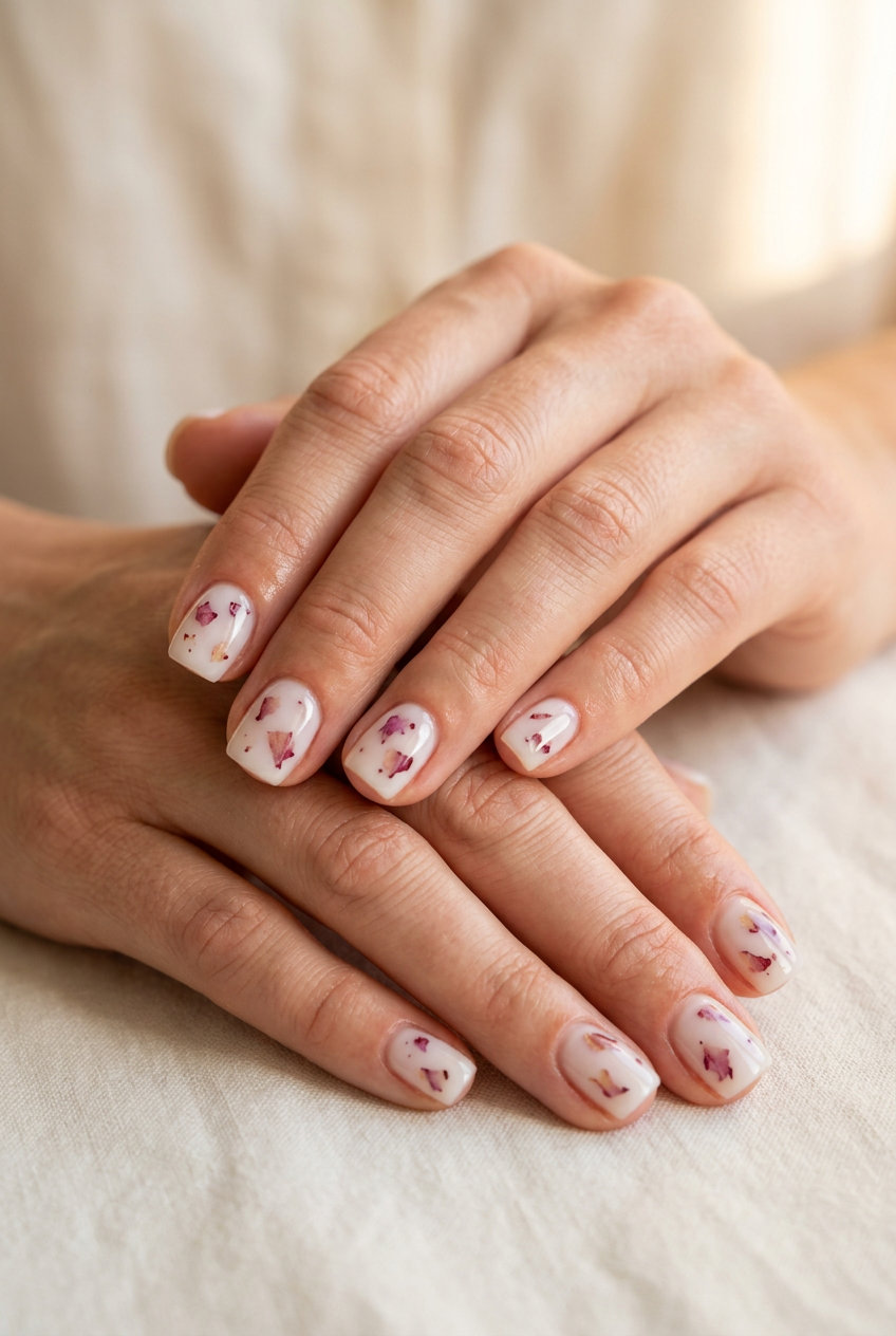Milky Bath Roses vacation nails summer 2026: ethereal milky white with embedded rose petals for a romantic getaway.