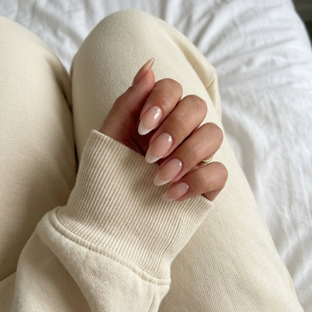 Milky Ghost French vacation nails summer 2026: clean sheer nude with translucent milky white tips for beach getaways.