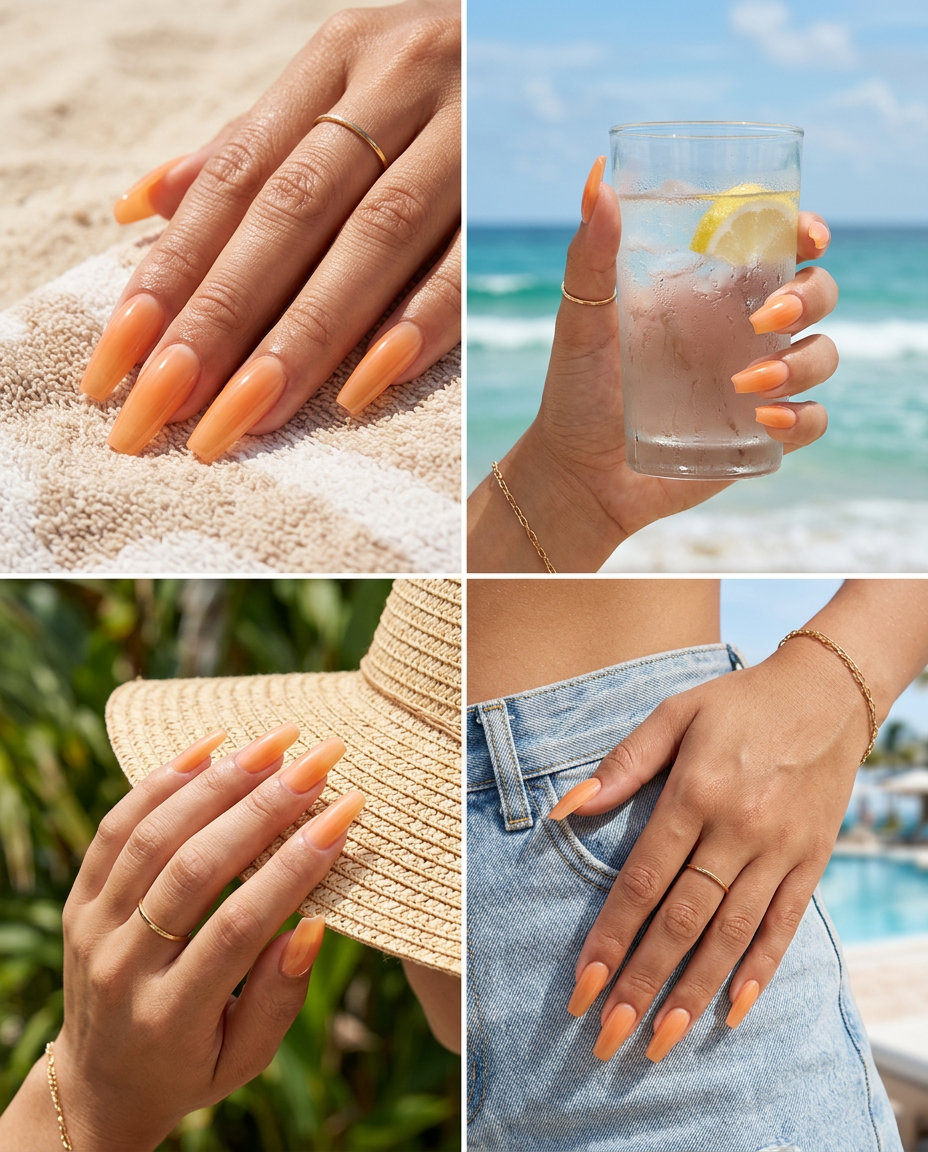 Peachy Ombre Glow vacation nails summer 2026: romantic nude to apricot gradient for date nights.