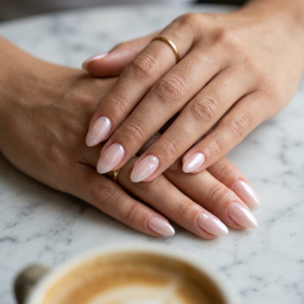 Pearl Accent Almond Glaze nails: milky pink with pearl for vacation nails summer 2026.