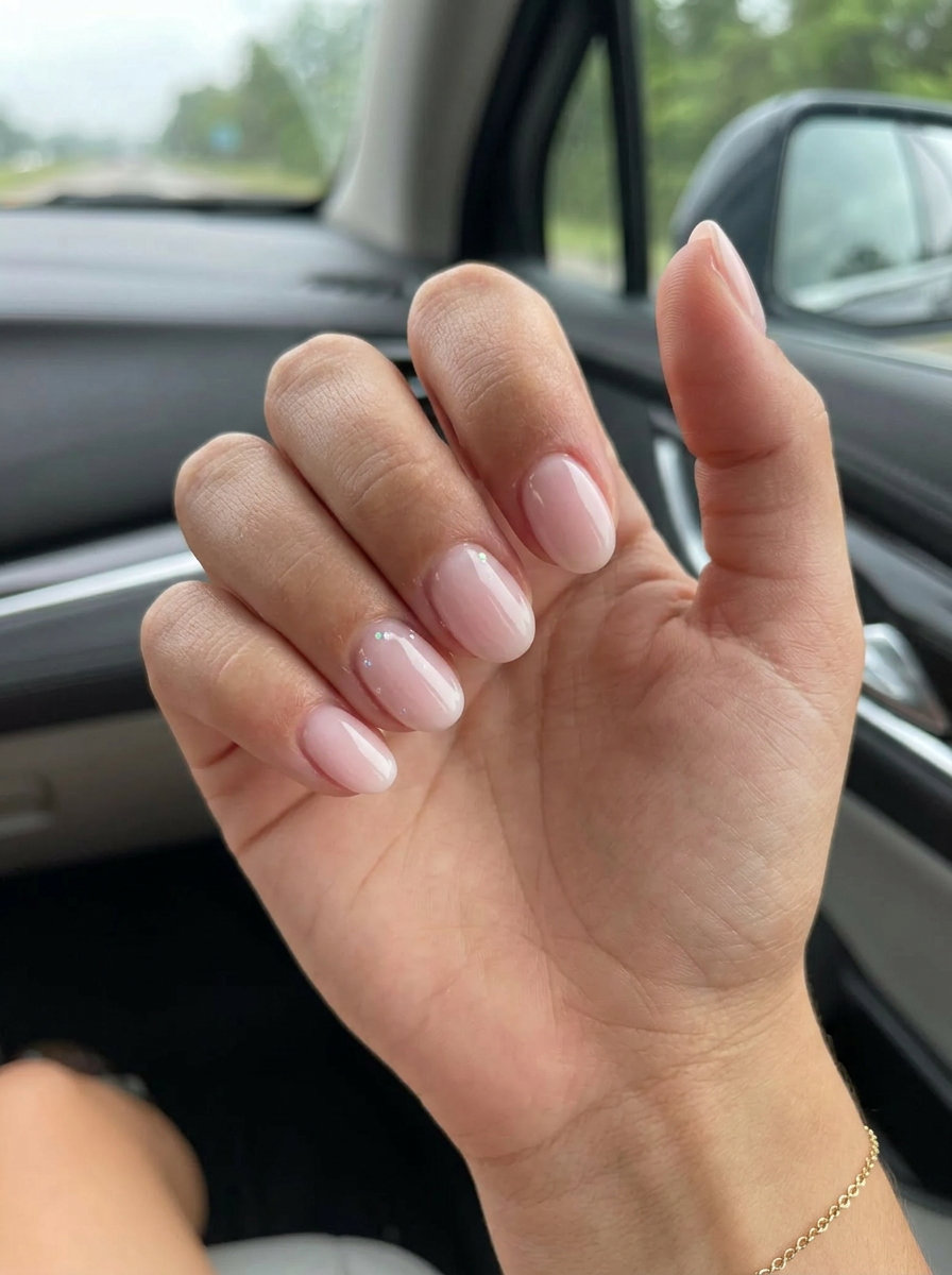 Pearl Essence Nude Oval nails: sheer nude with iridescent pearl for vacation nails summer 2026.