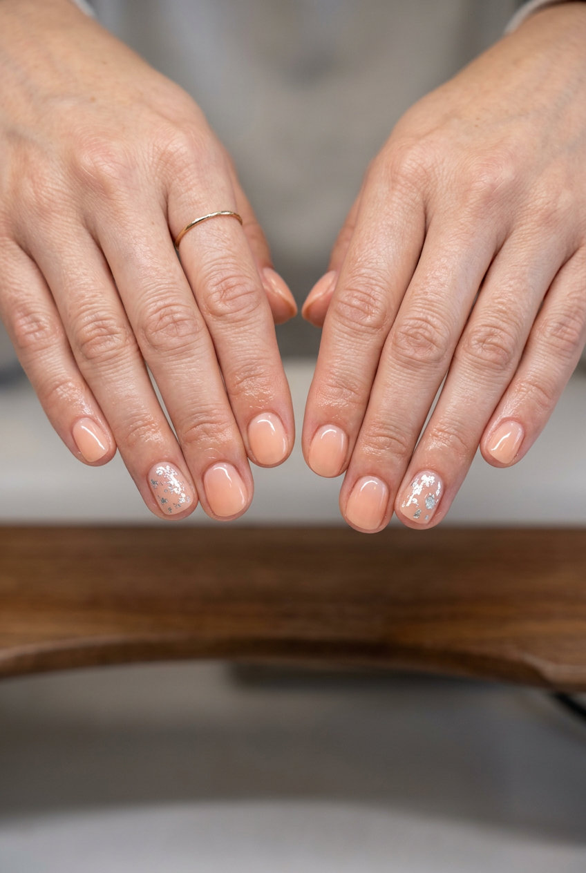Shimmering Foil Flake accent vacation nails summer 2026: minimalist peachy-nude with silver foil for chic style.