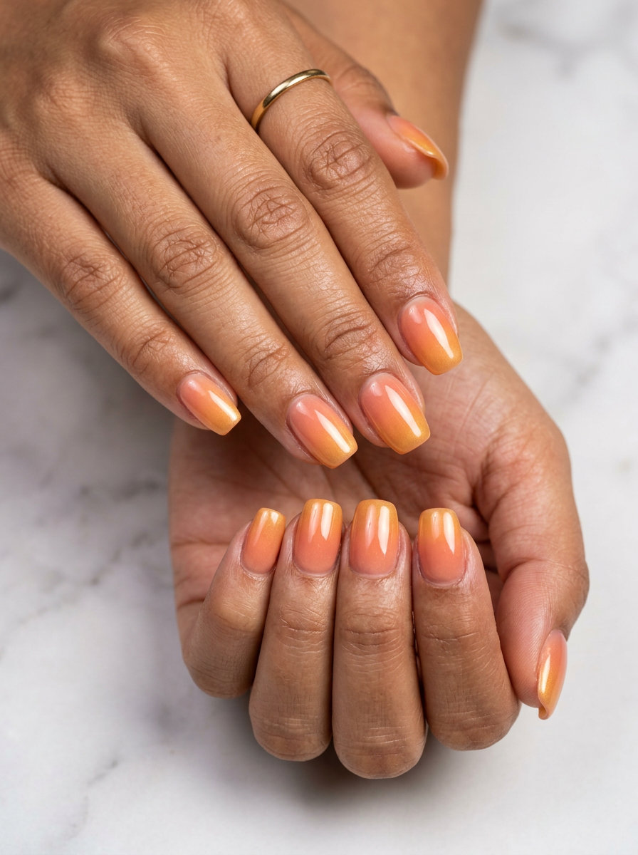 Sunset Aura Gradient vacation nails summer 2026: romantic warm apricot and orange blend for evening outs.