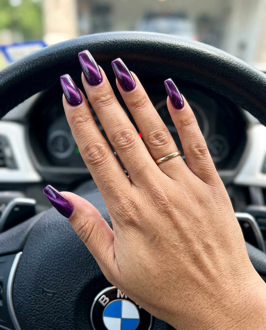 Mystic Velvet Cat-Eye Purple nails: deep purple with shimmer for vacation nails summer 2026.