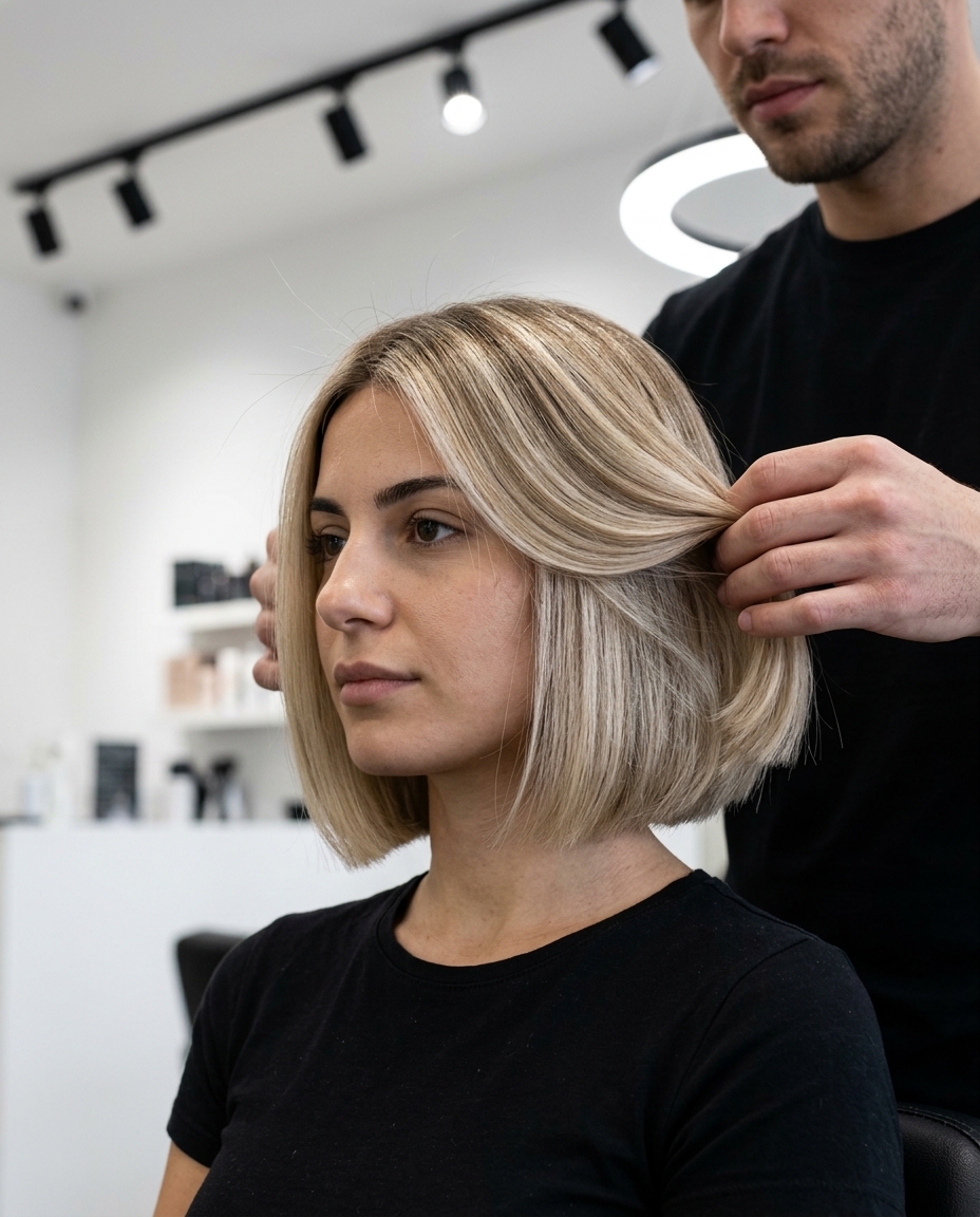 short Italian bob haircut with cool vanilla blonde, beige babylights and soft root shadow for sleek sophistication