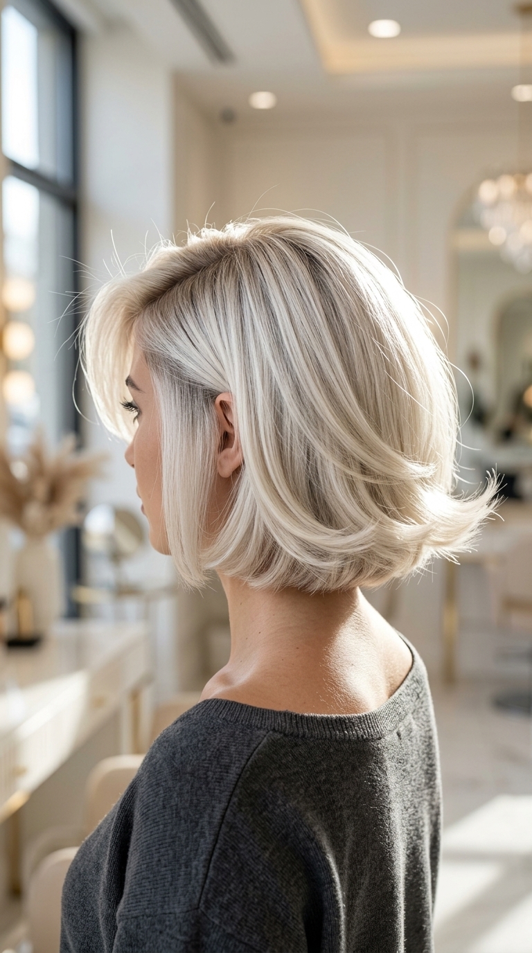 chin length bob haircut with icy vanilla platinum, pearl highlights for summer