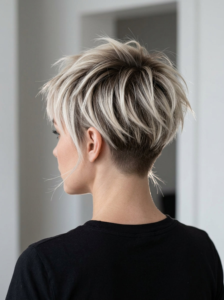 short asymmetrical pixie haircut with vanilla platinum balayage, clipper fade for summer 2026