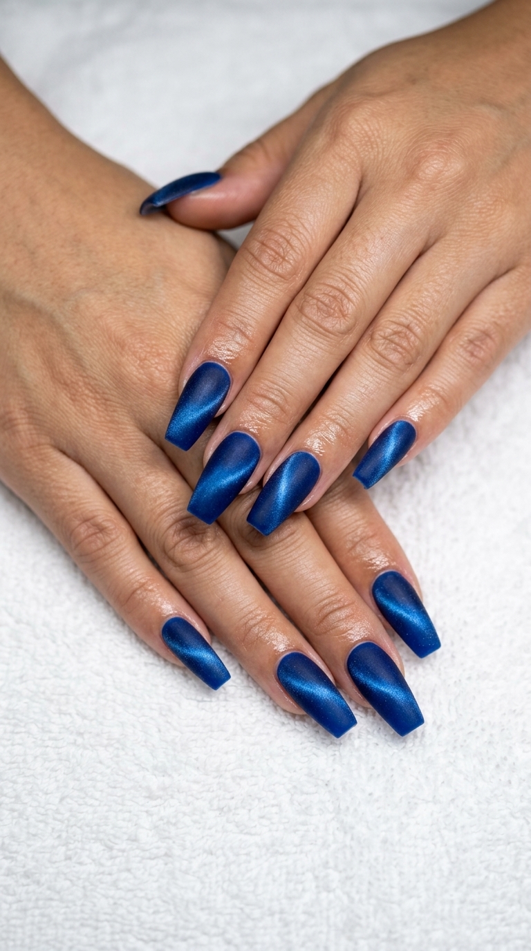 Cobalt blue velvet matte cat-eye nails for vibrant nails summer 2026. Sultry evening event style.