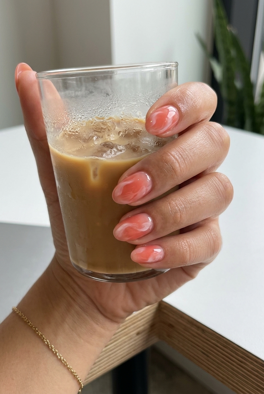 Coral abstract watercolor swirl nails for vibrant nails summer 2026. Whimsical beach trip artistic style.
