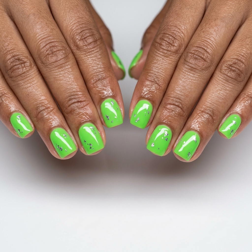 Electric lime green nails with silver chrome foil flakes for vibrant nails summer 2026. Edgy party look.