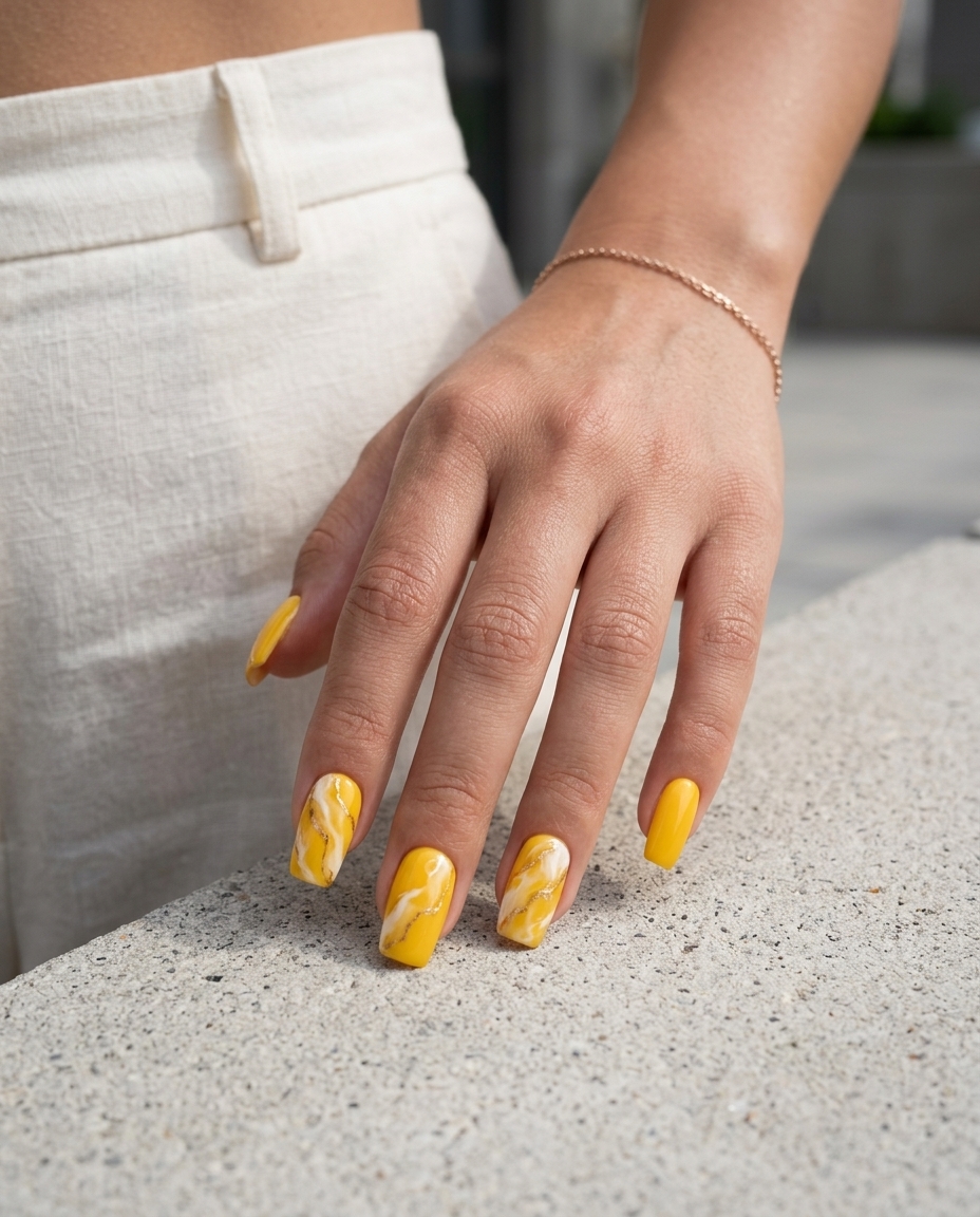 Golden Marble Swirl nails for summer 2026, sophisticated for formal events and dinners.