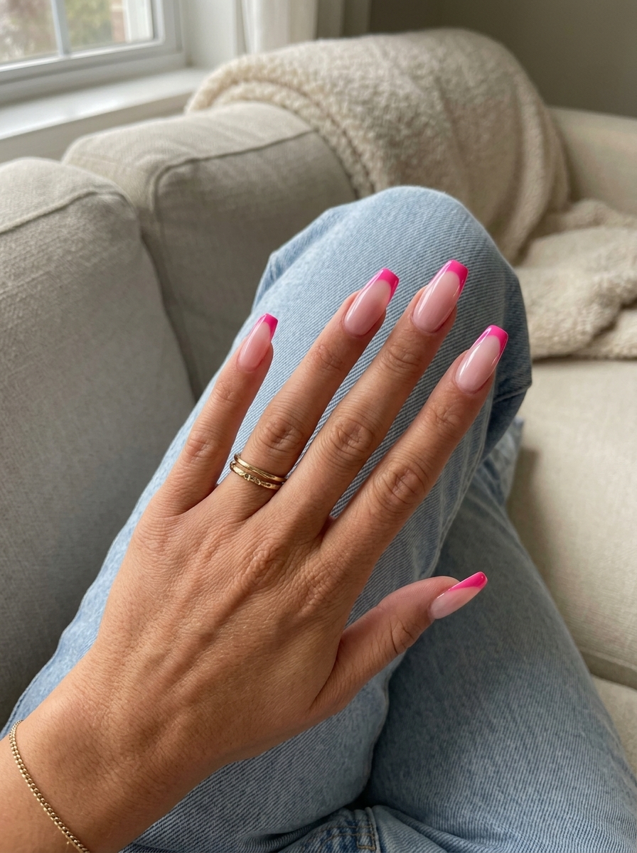Hot Pink Reverse French nails for summer 2026: sheer nude base with bold pink cuticle line. Glamorous party style.