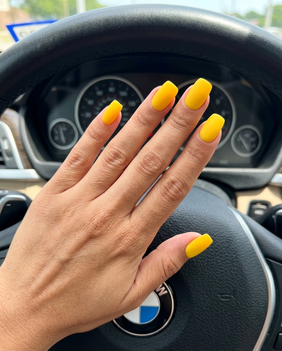 Matte sunflower yellow nails for vibrant nails summer 2026. Cheerful daily casual style.
