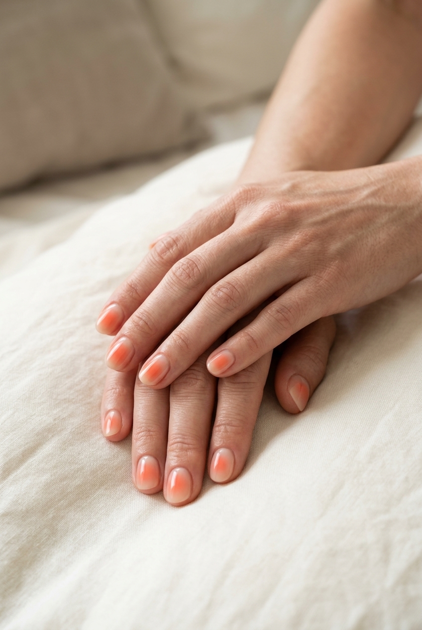 Sheer Coral Aura Effect nails for summer 2026, clean and subtle for daily wear.