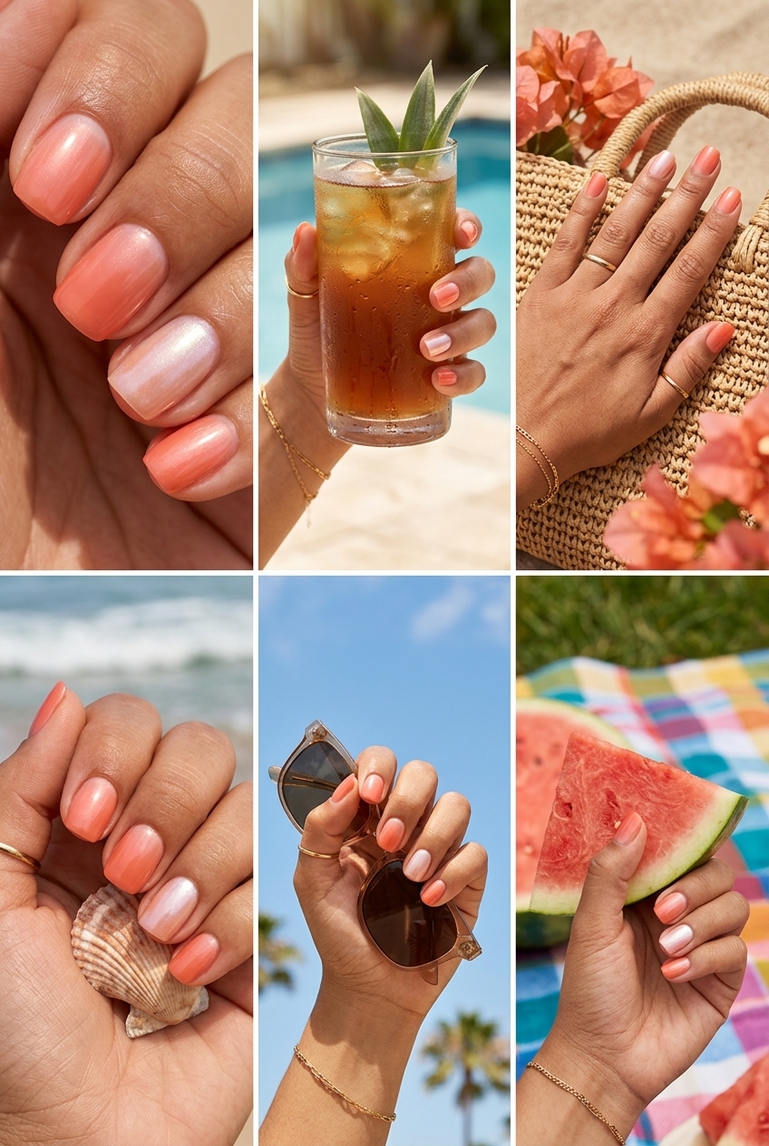 Sheer Coral Glazed Donut nails for summer 2026, clean and ethereal for daily wear.