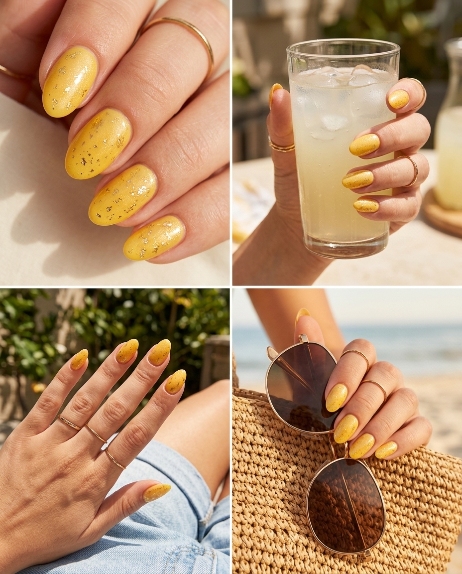 Sunflower Yellow Foil Flakes nails for summer 2026: vibrant yellow base with scattered gold foil. Bohemian festival style.