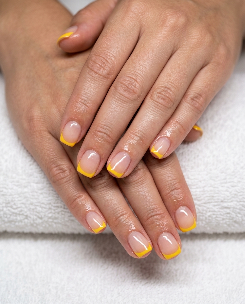 Sunflower Yellow Micro French nails for summer 2026: sheer nude base with thin vibrant yellow tips. Casual office style.