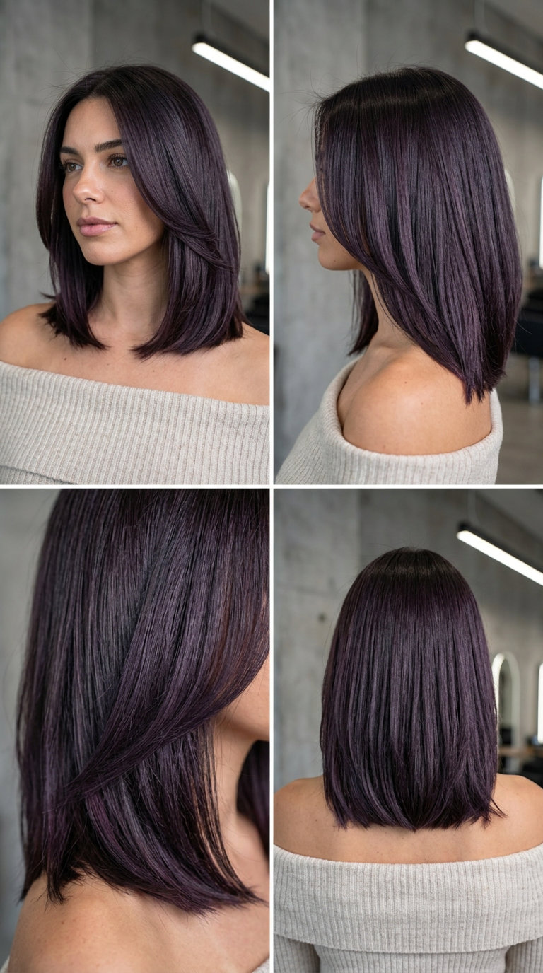 Violet Blackberry Glass Lob Haircut 2026 medium sleek lob haircut with violet blackberry color, sculpted layers, and no bangs for evening events